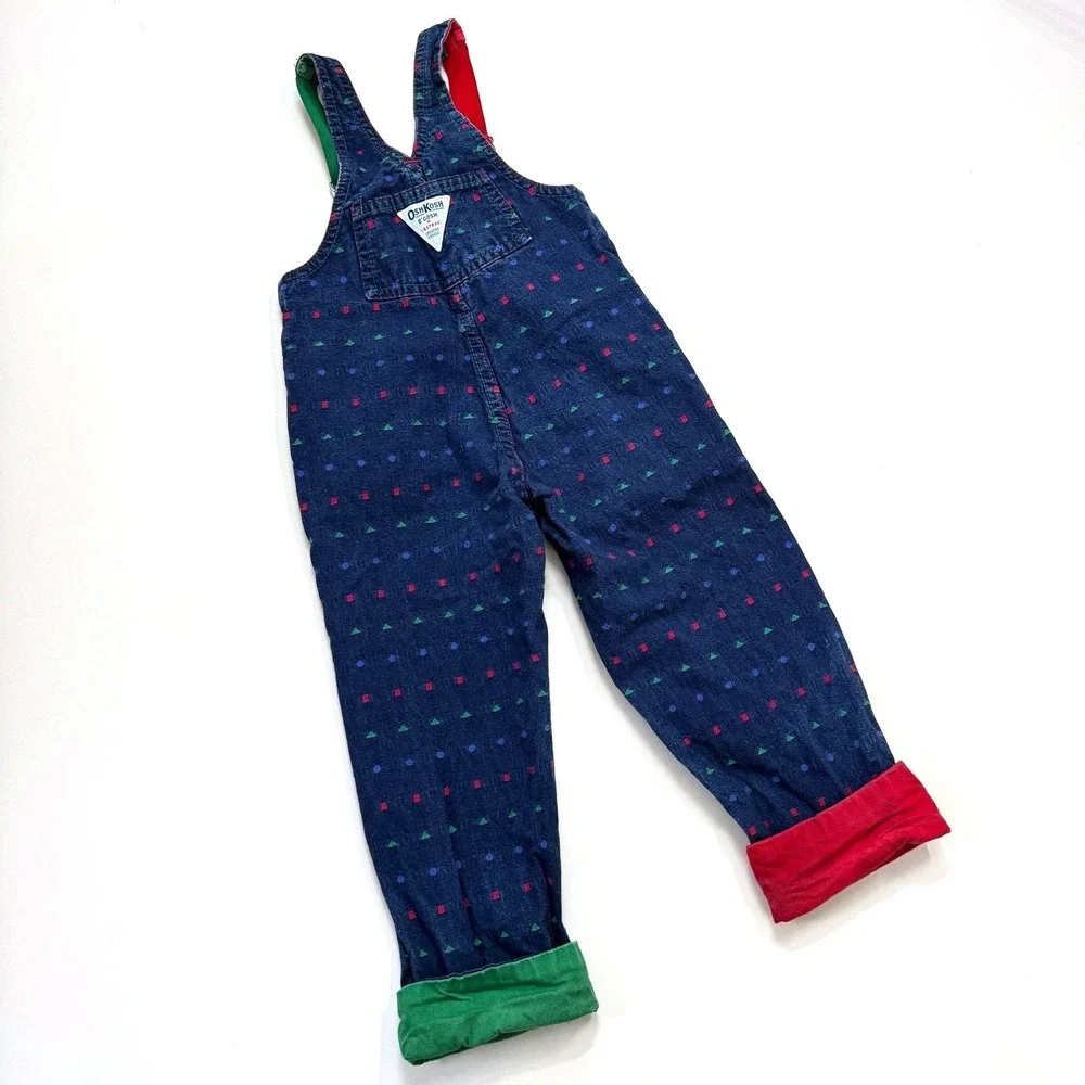 VTG 90s OshKosh Vestbak Suspender‎ Overalls Geometric Shape Colorblock USA 4T